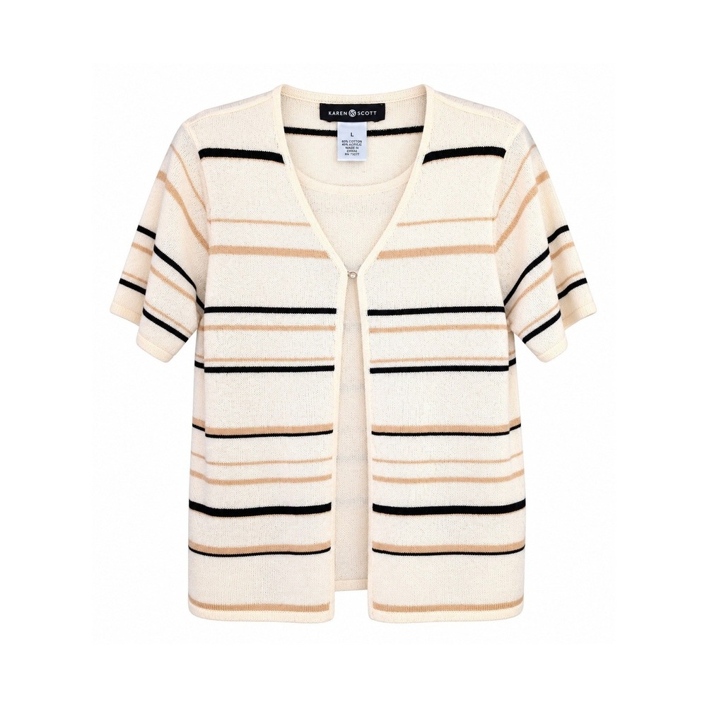 Sag Harbor Womens Medium Cream Striped 2 Piece Sweater Set Cardigan Tank Top